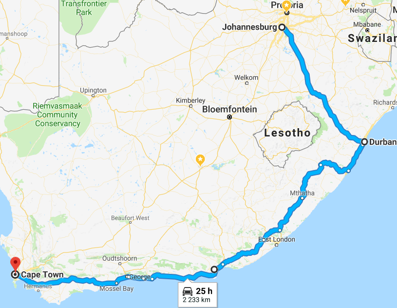 Johannesburg to Cape Town road trip route suggestions